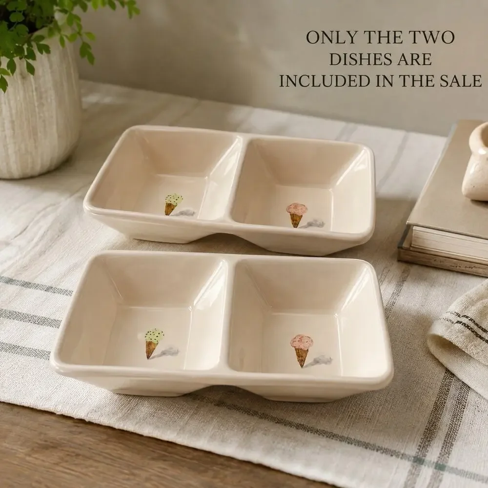 Set of 2 RAE DUNN by Magenta Divided Dish Ice Cream Cones Toppings Bowls
